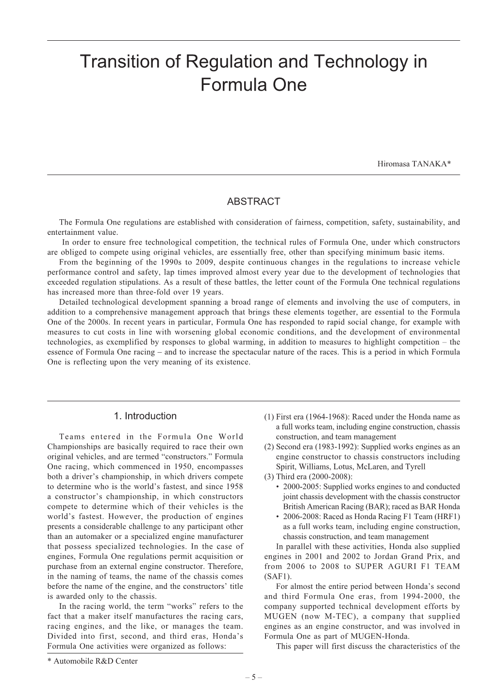 Transition of Regulation and Technology in Formula One