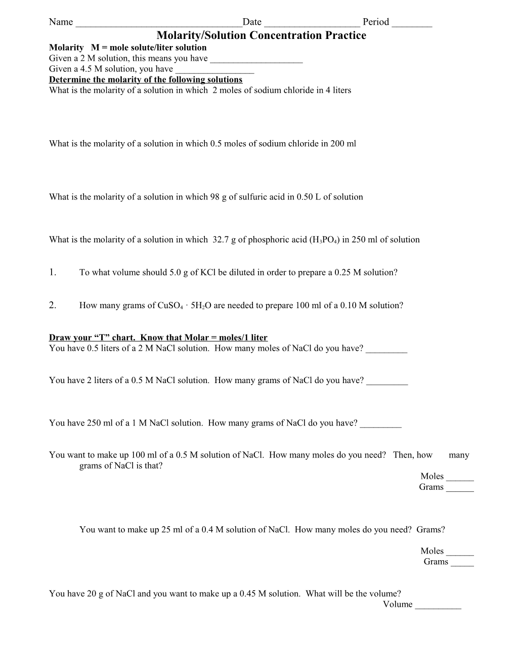 Molarity/Solution Concentration Practice