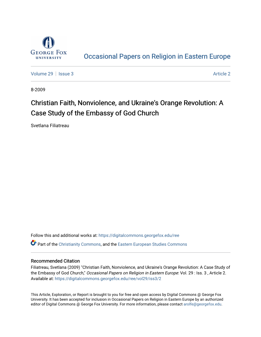 Christian Faith, Nonviolence, and Ukraine's Orange Revolution: a Case Study of the Embassy of God Church