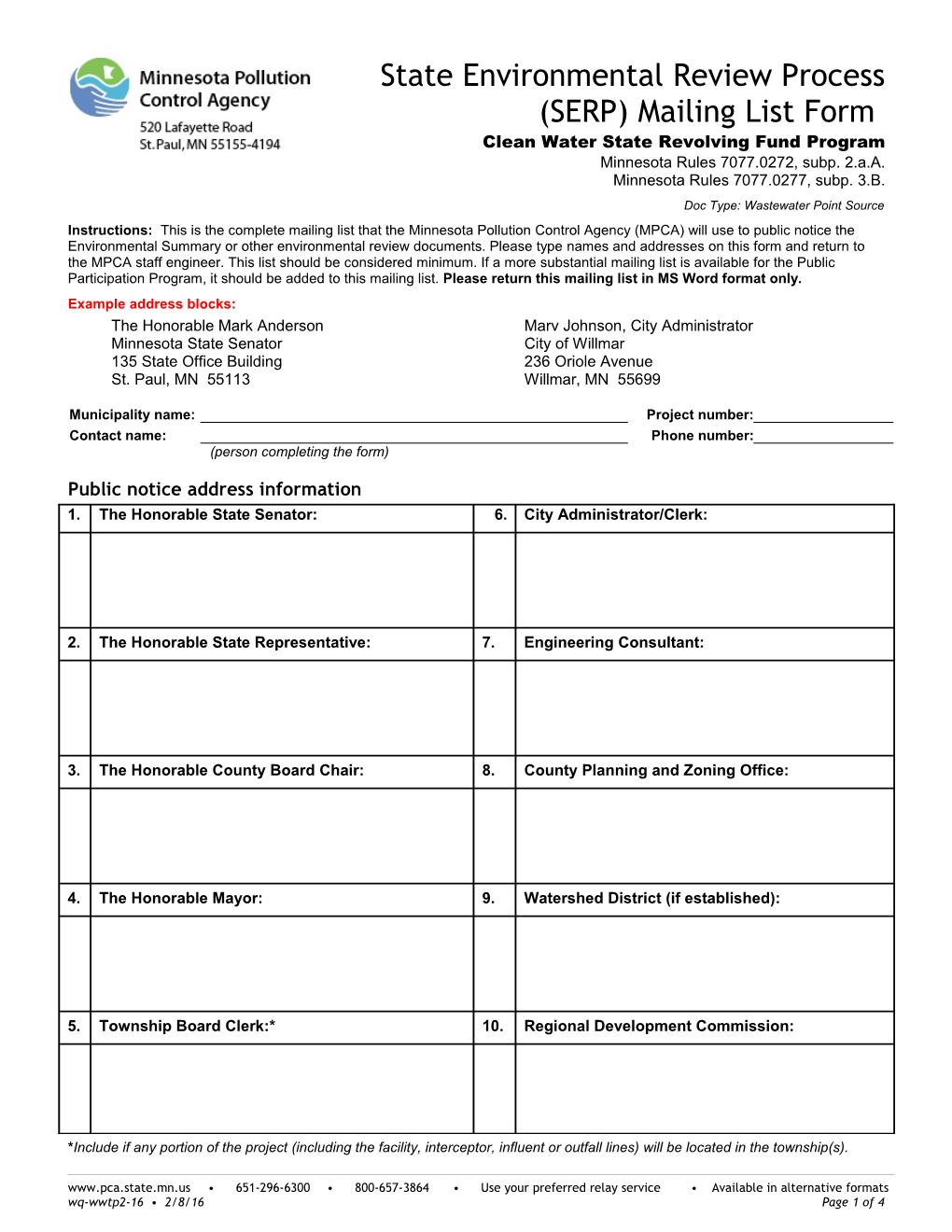 State Environmental Review Process (SERP) Mailing List Form