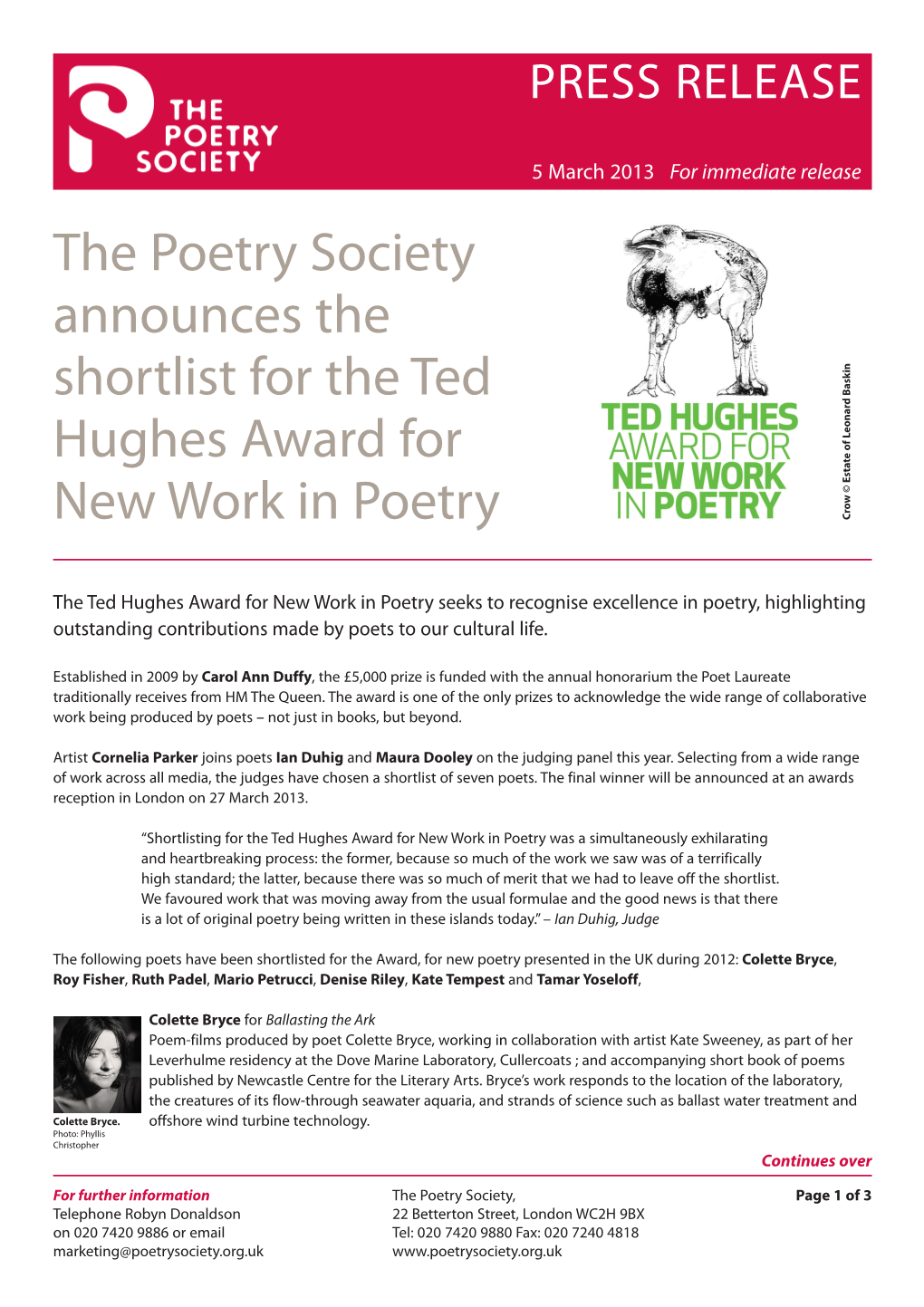 The Poetry Society Announces the Shortlist for the Ted Hughes Award For