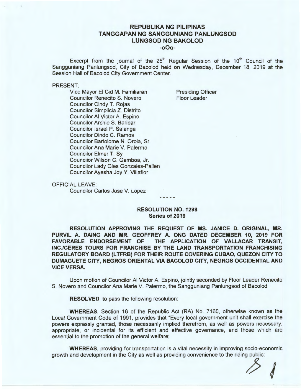 REPUBLIKA NG PILIPINAS TANGGAPAN NG SANGGUNIANG PANLUNGSOD LUNGSOD NG BAKOLOD -Ooo