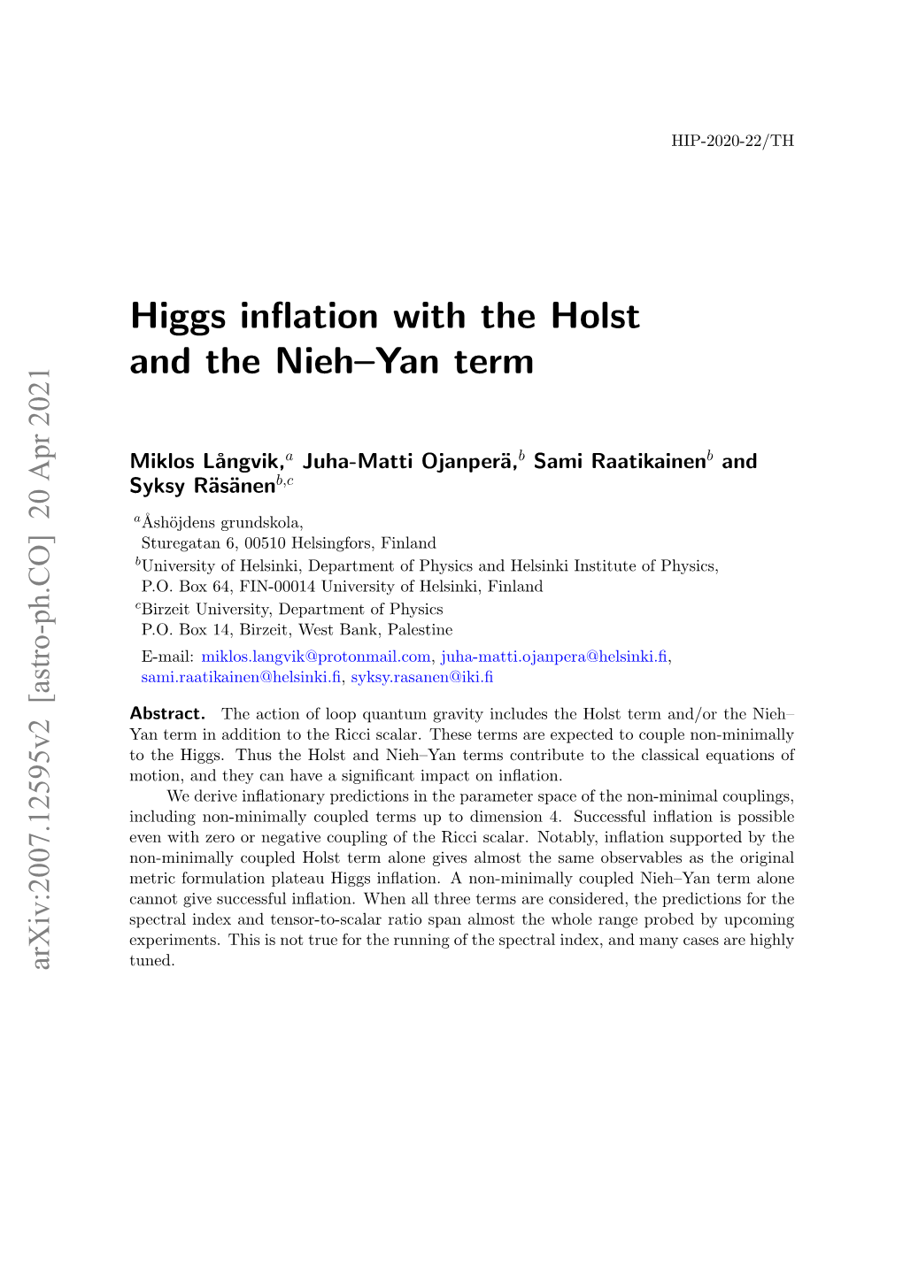 Higgs Inflation with the Holst and the Nieh–Yan Term