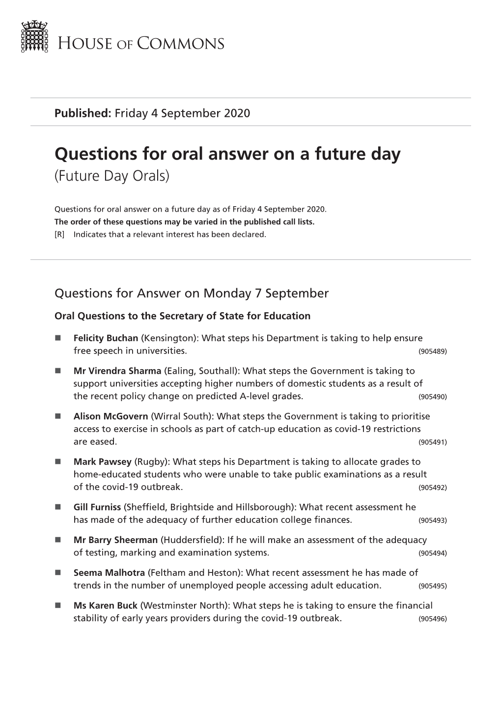 Questions for Oral Answer on a Future Day (Future Day Orals)