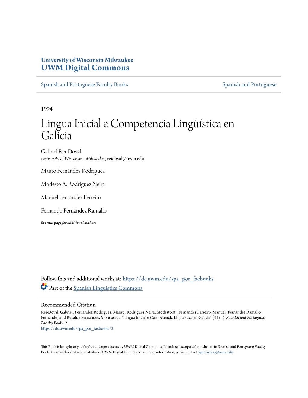 Lingua Inicial E Competencia Lingüística En Galicia Gabriel Rei-Doval University of Wisconsin - Milwaukee, Reidoval@Uwm.Edu