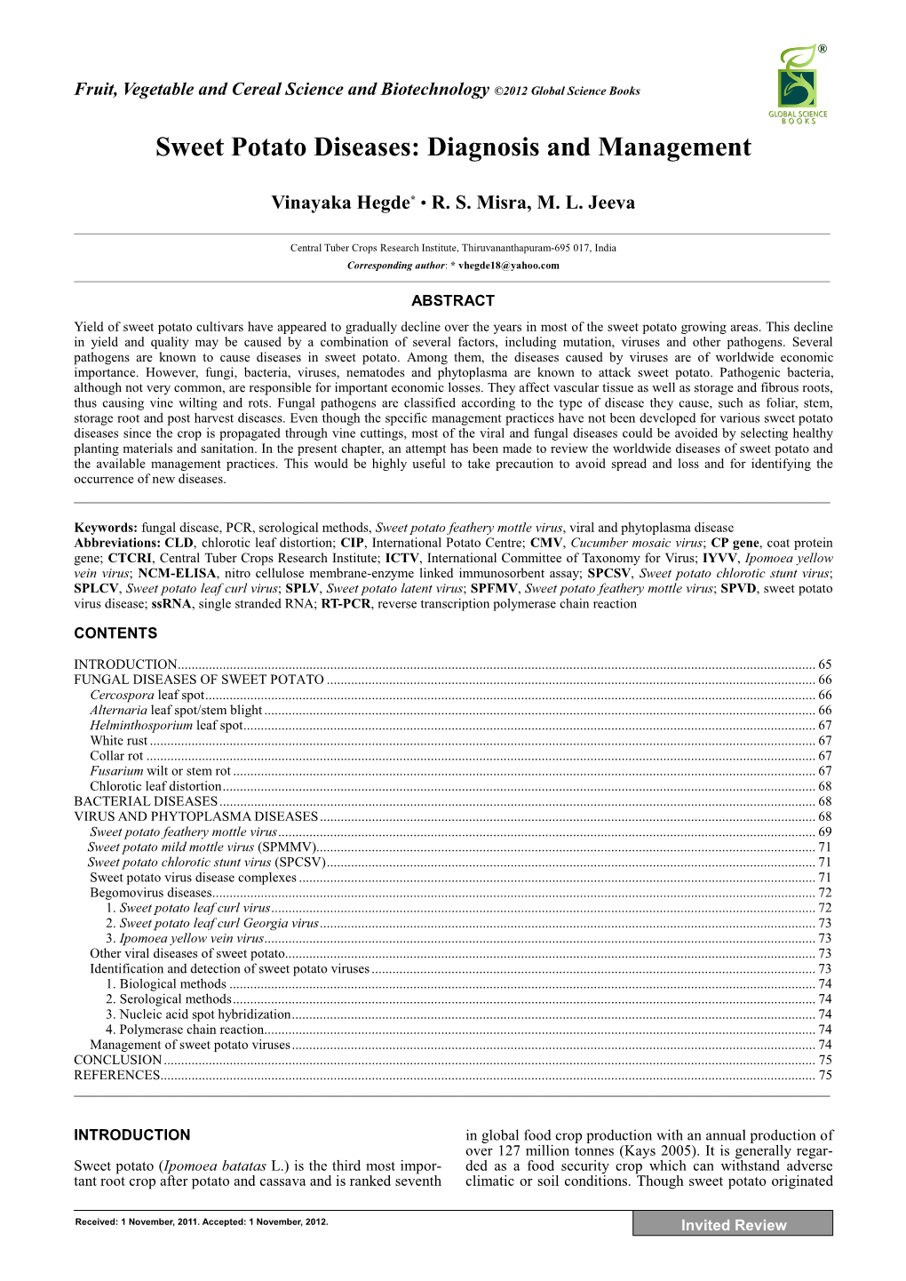 Sweet Potato Diseases: Diagnosis and Management