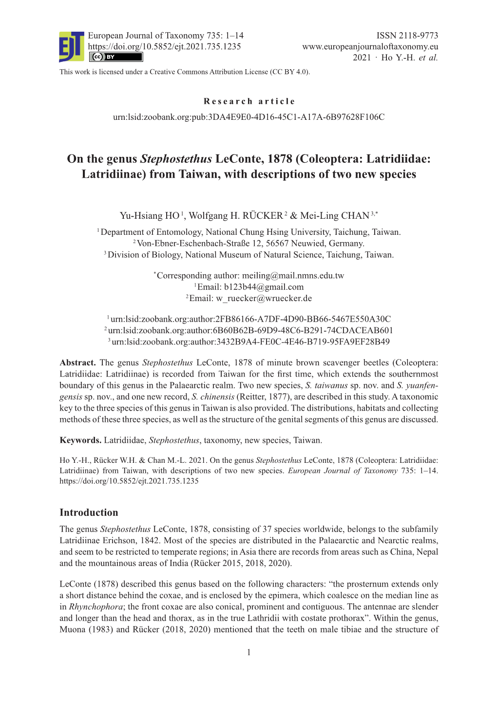 On the Genus Stephostethus Leconte, 1878 (Coleoptera: Latridiidae: Latridiinae) from Taiwan, with Descriptions of Two New Species