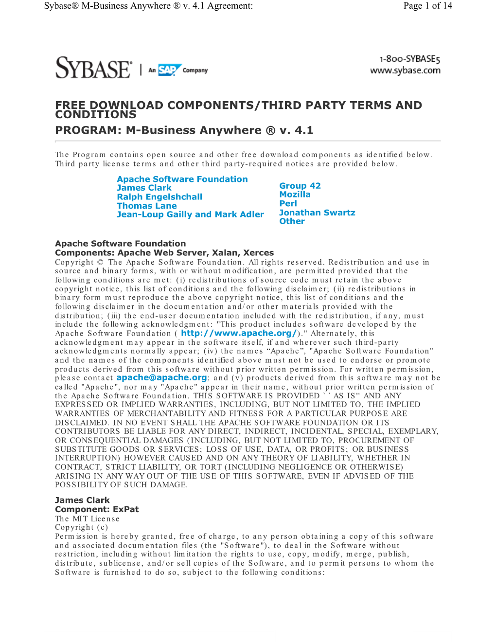 FREE DOWNLOAD COMPONENTS/THIRD PARTY TERMS and CONDITIONS PROGRAM: M-Business Anywhere ® V