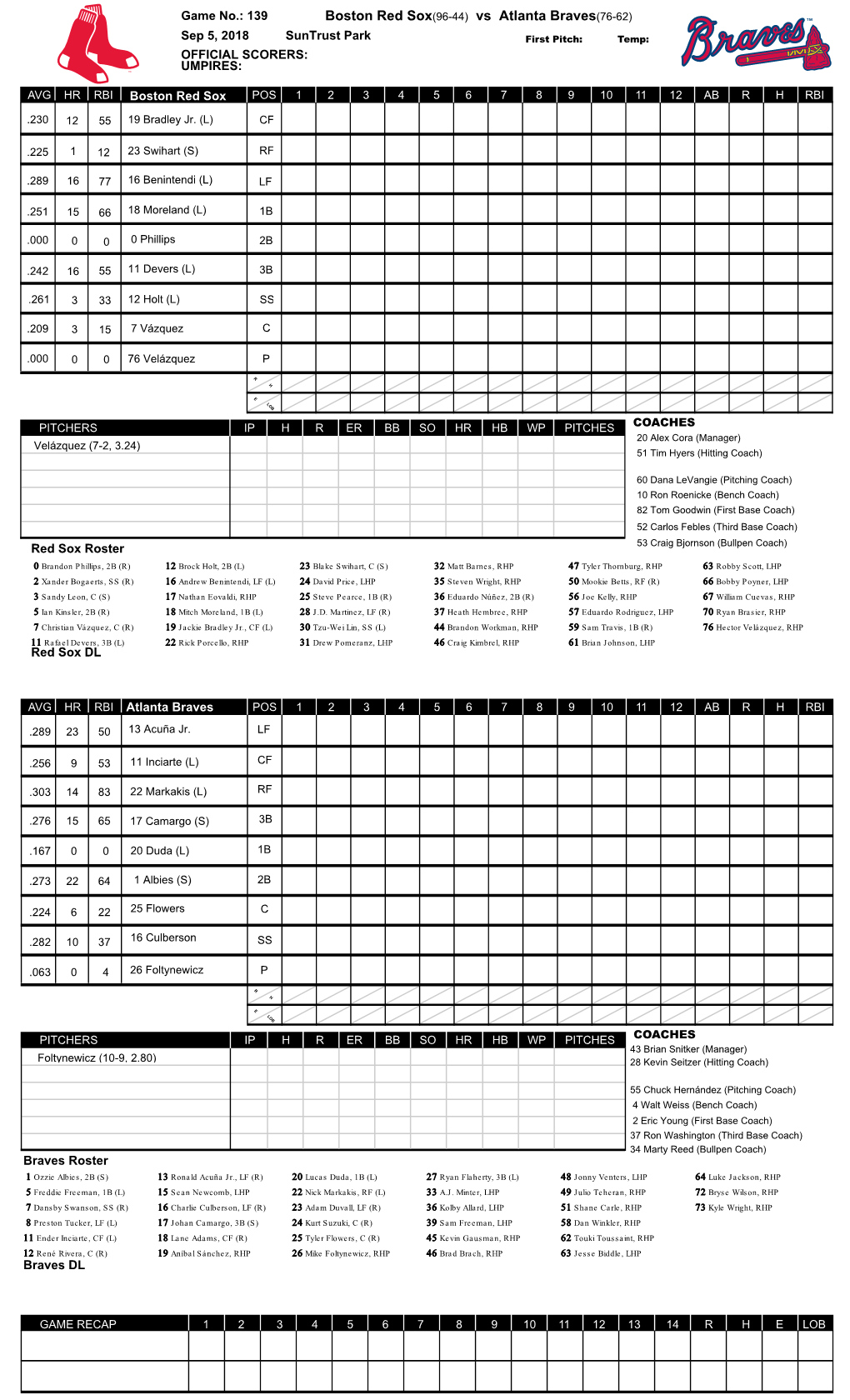 Boston Red Sox(96-44) Vs Atlanta Braves(76-62)