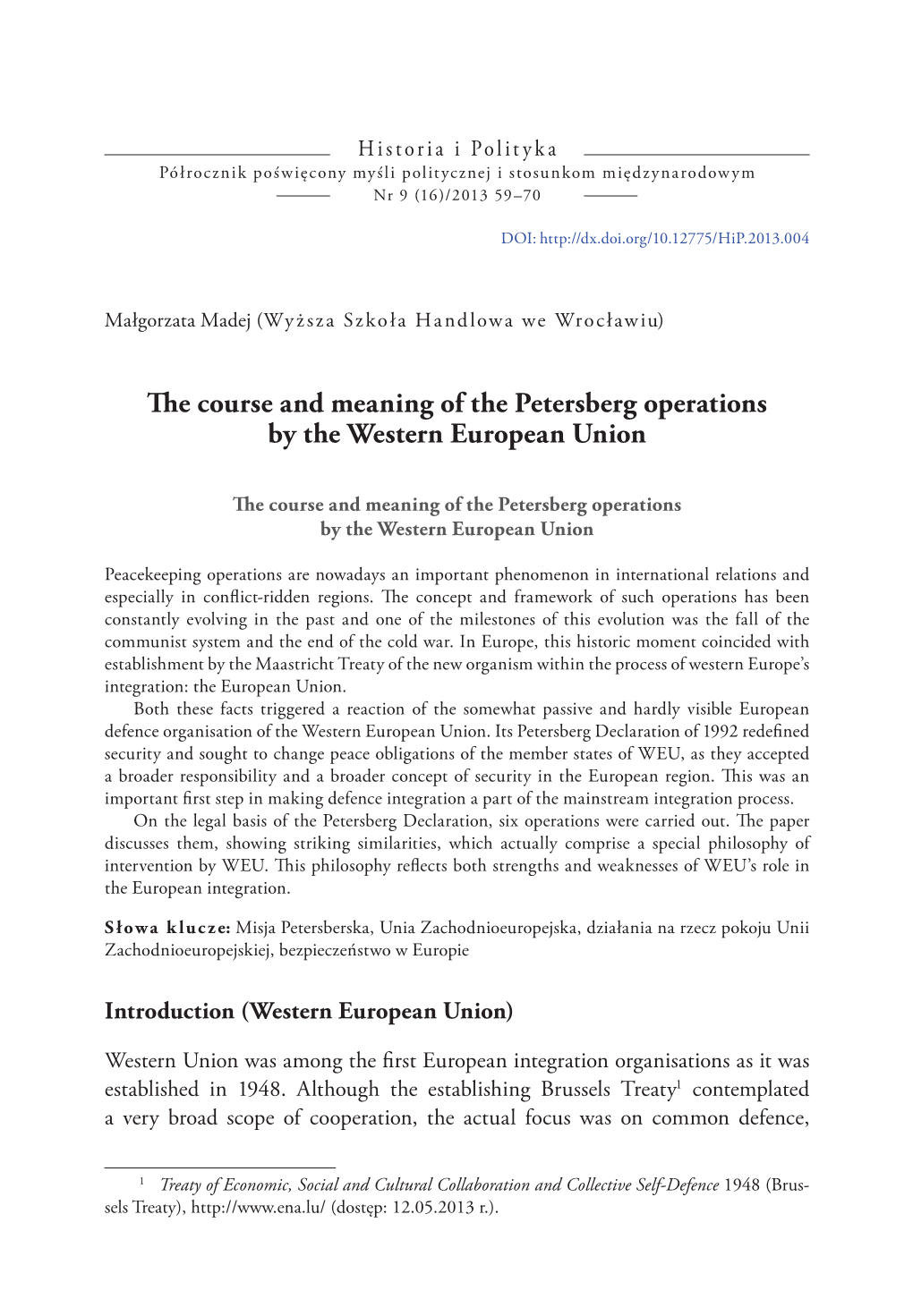 The Course and Meaning of the Petersberg Operations by the Western European Union