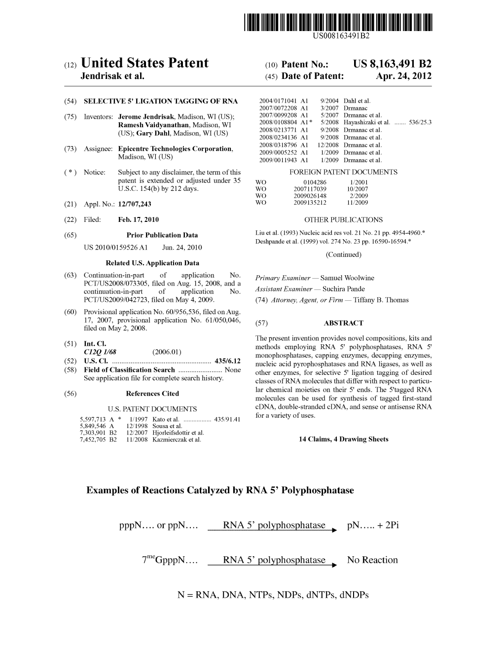 (12) United States Patent (10) Patent No.: US 8,163,491 B2 Jendrisak Et Al