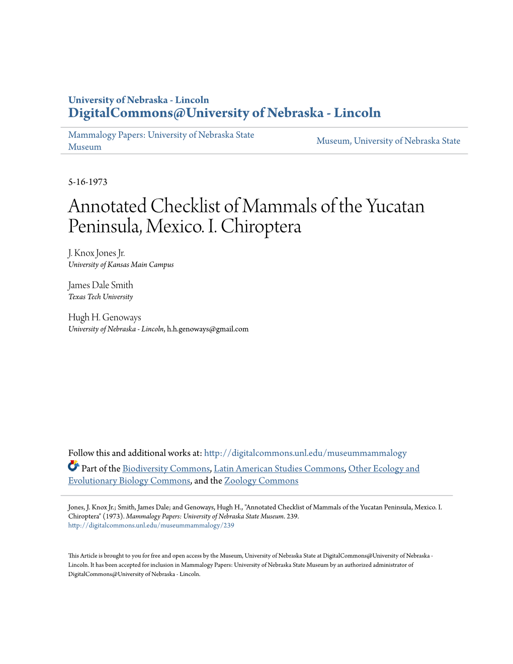 Annotated Checklist of Mammals of the Yucatan Peninsula, Mexico. I