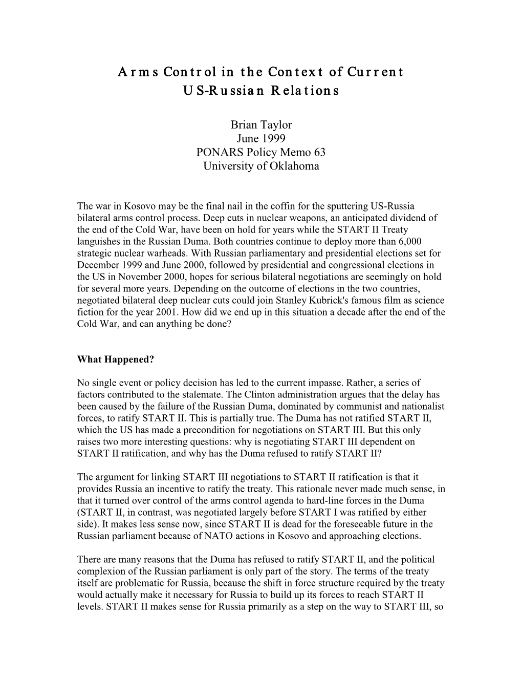 Arms Control in the Context of Current US-Russian Relations