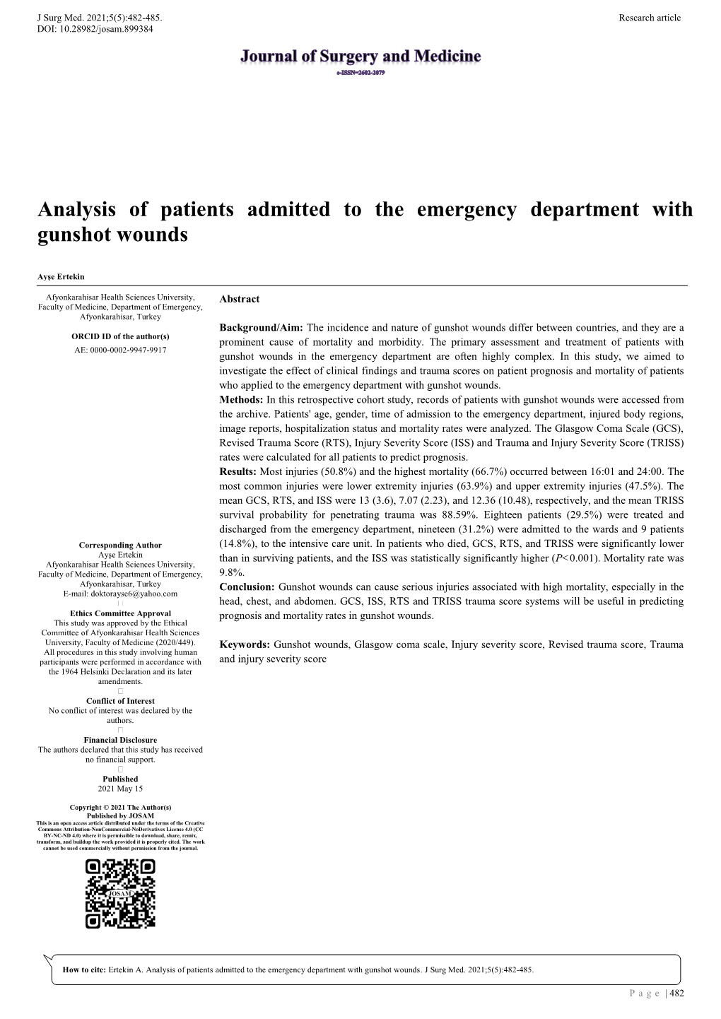 Analysis of Patients Admitted to the Emergency Department with Gunshot Wounds