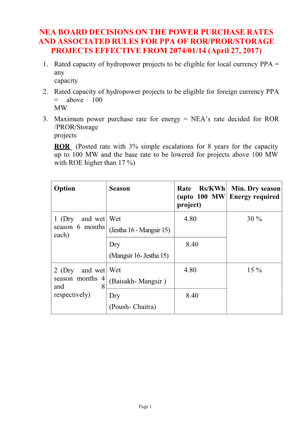 NEA BOARD DECISIONS on the POWER PURCHASE RATES and ASSOCIATED RULES for PPA of ROR/PROR/STORAGE PROJECTS EFFECTIVE from 2074/01/14 (April 27, 2017)