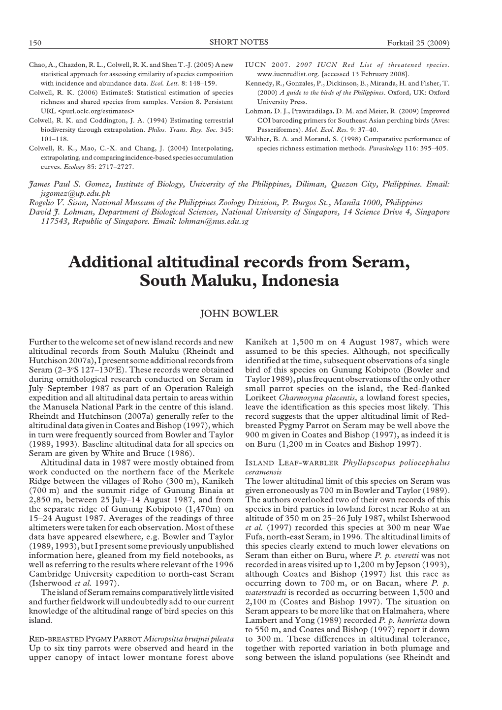 Additional Altitudinal Records from Seram, South Maluku, Indonesia