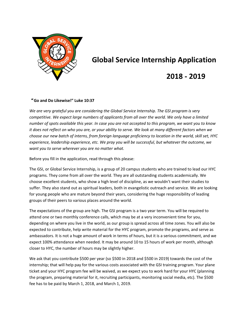 Global Service Internship Application