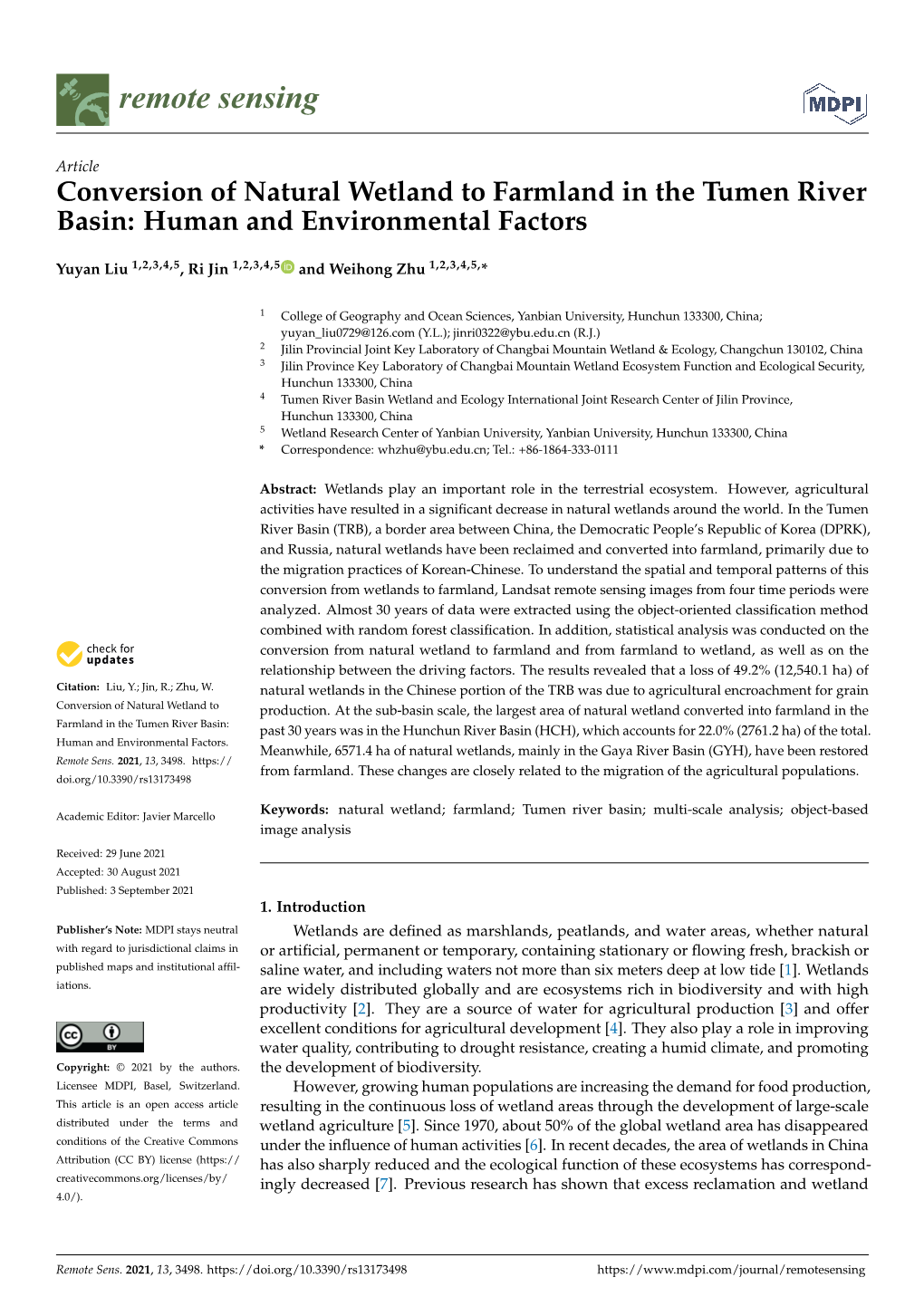 Conversion of Natural Wetland to Farmland in the Tumen River Basin: Human and Environmental Factors