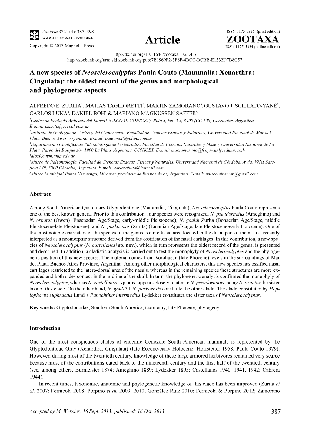 A New Species of Neosclerocalyptus Paula Couto (Mammalia: Xenarthra: Cingulata): the Oldest Record of the Genus and Morphological and Phylogenetic Aspects