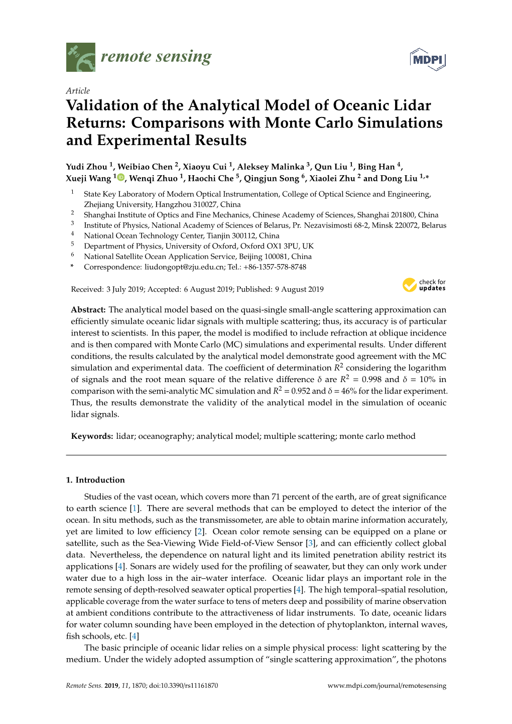 Validation of the Analytical Model of Oceanic Lidar Returns: Comparisons with Monte Carlo Simulations and Experimental Results