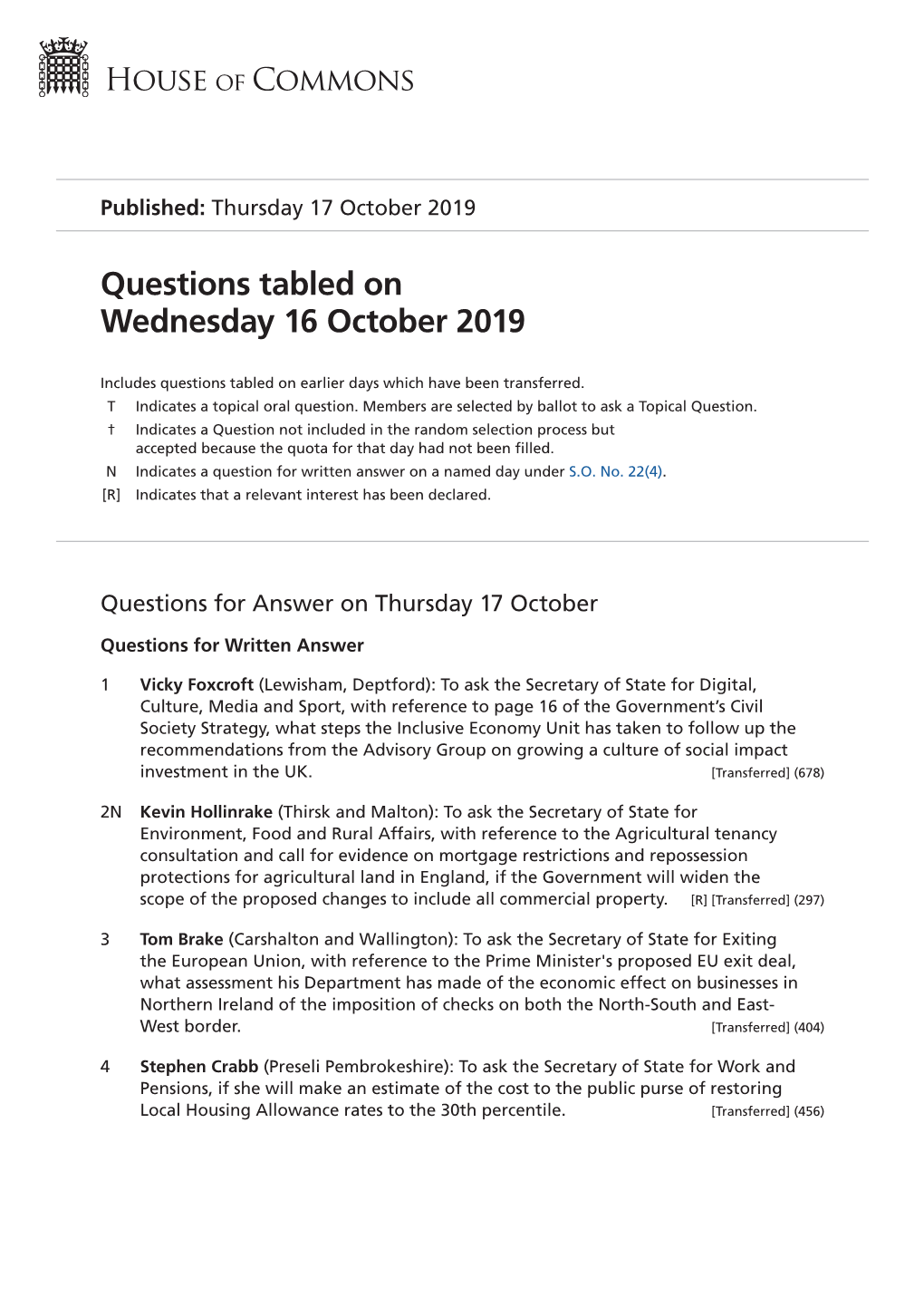 Questions Tabled on Wed 16 Oct 2019