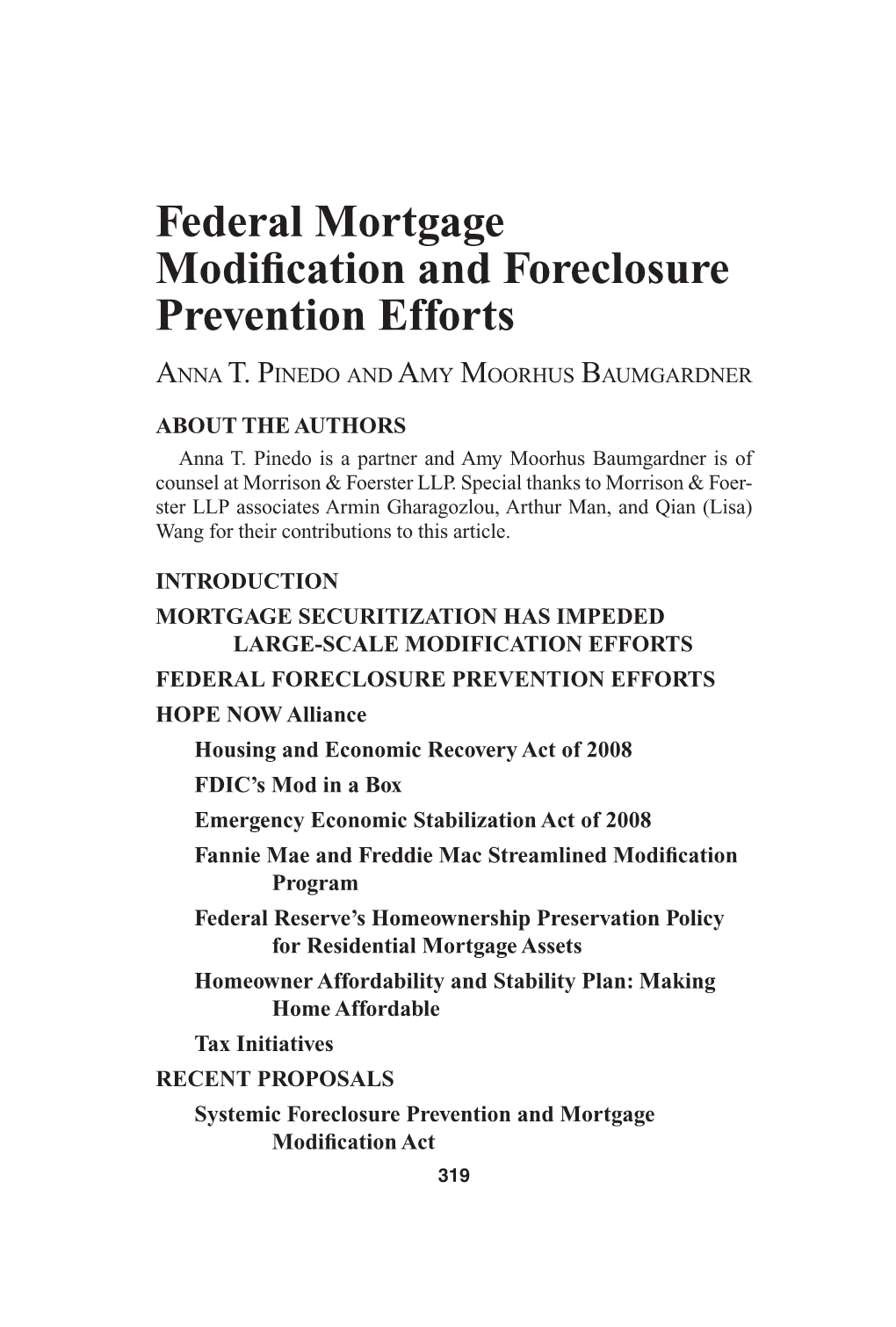Federal Mortgage Modification and Foreclosure Prevention Efforts