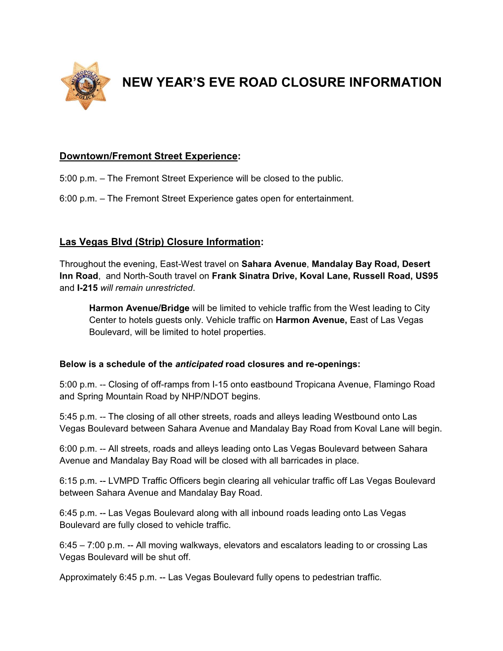 New Year's Eve Road Closure Information