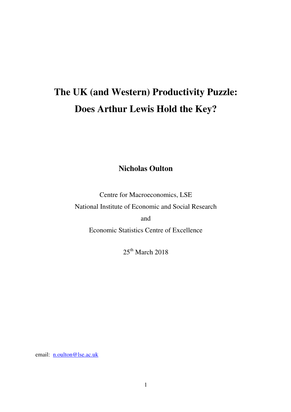 The UK (And Western) Productivity Puzzle: Does Arthur Lewis Hold the Key?