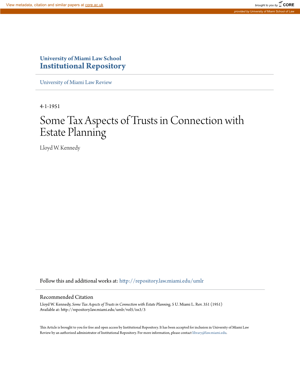 Some Tax Aspects of Trusts in Connection with Estate Planning Lloyd W