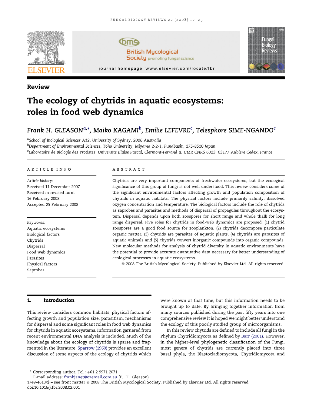 The Ecology of Chytrids in Aquatic Ecosystems: Roles in Food Web Dynamics