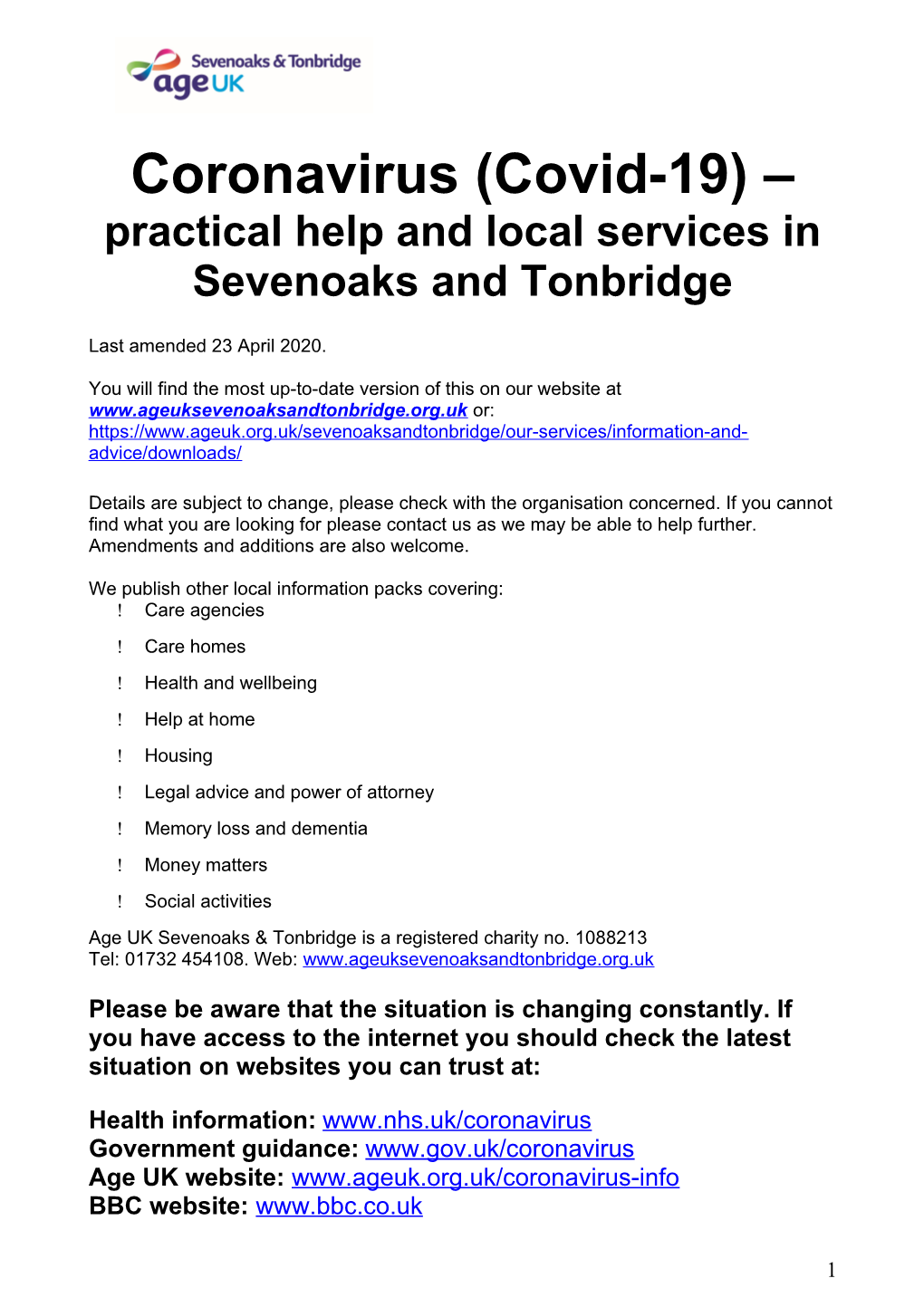 Coronavirus (Covid-19) – Practical Help and Local Services in Sevenoaks and Tonbridge