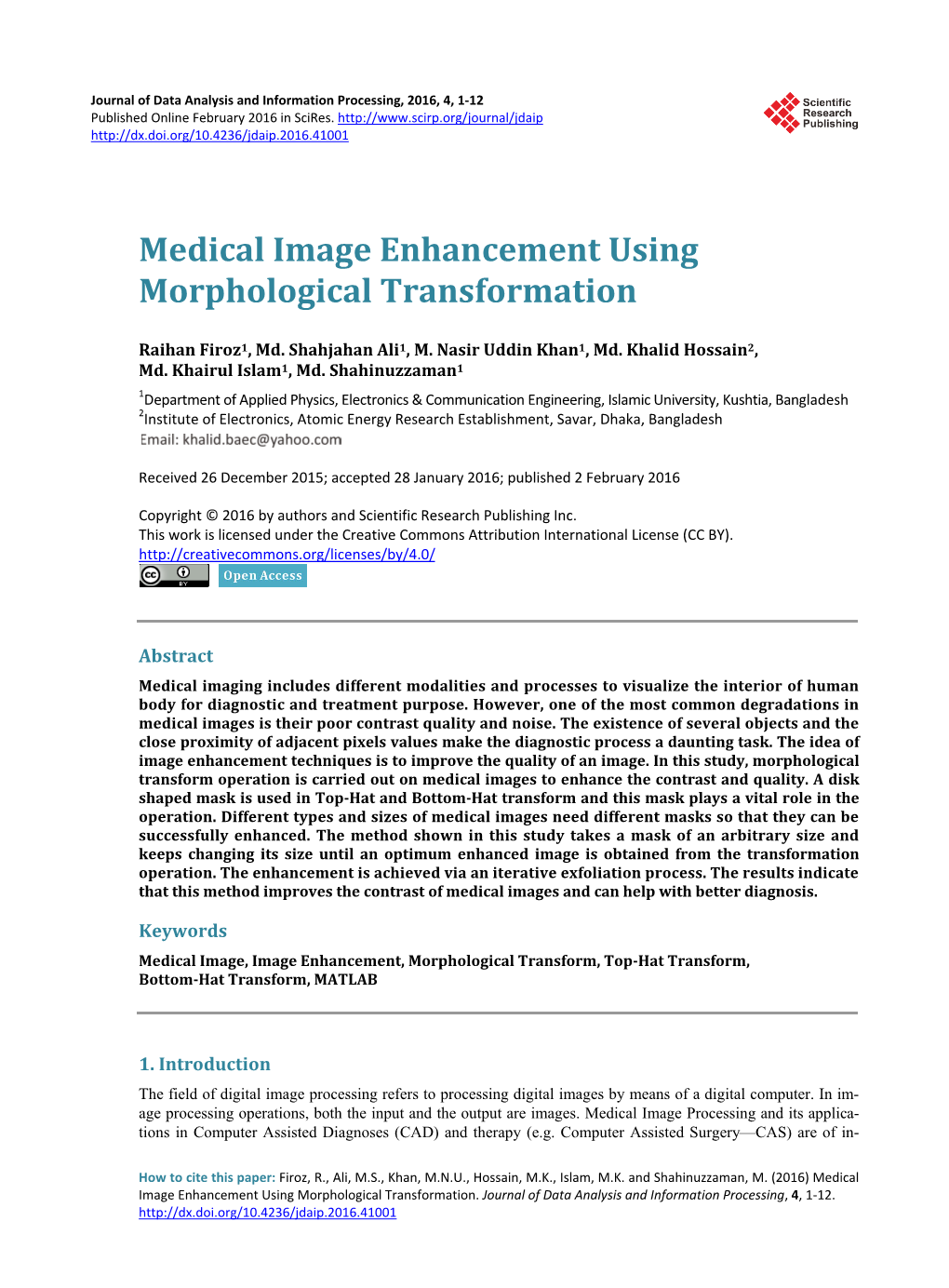 Medical Image Enhancement Using Morphological Transformation