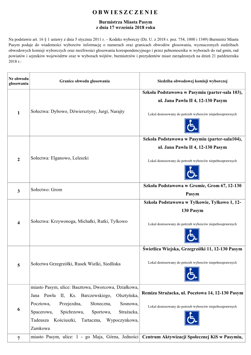 OBWIESZCZENIE Burmistrza Miasta Pasym Z Dnia 17 Września 2018 Roku