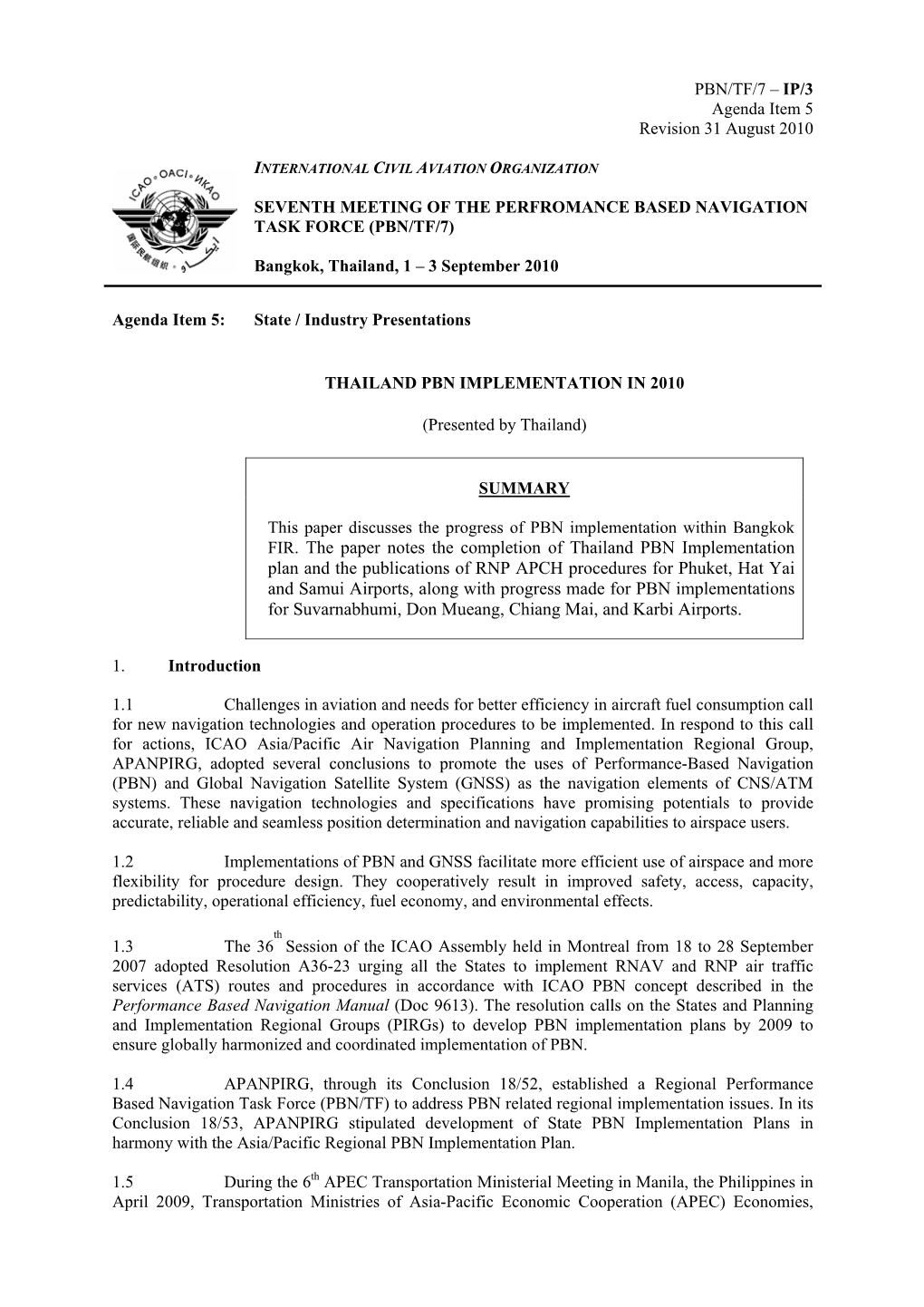 FIR. the Paper Notes the Completion of Thailand PBN Implementation