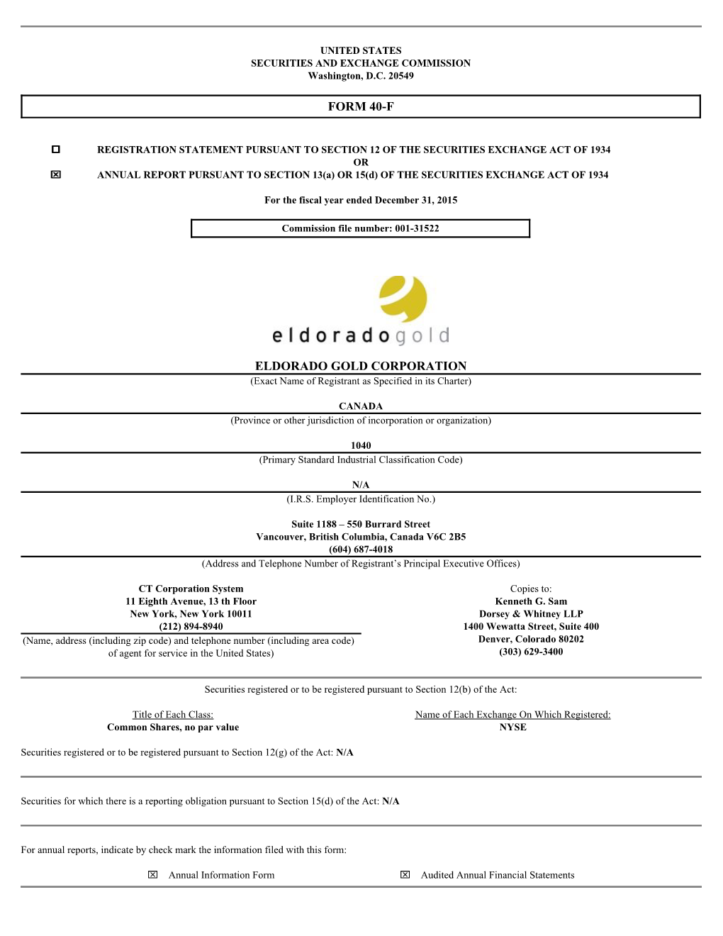 Form 40-F Eldorado Gold Corporation