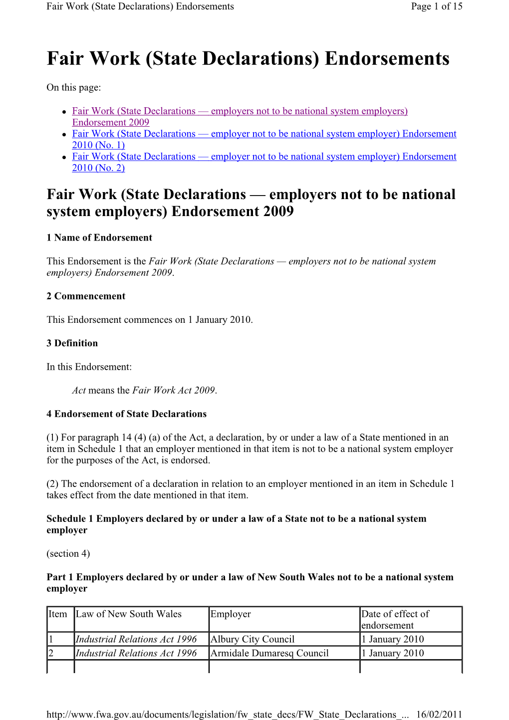 Fair Work (State Declarations) Endorsements Page 1 of 15