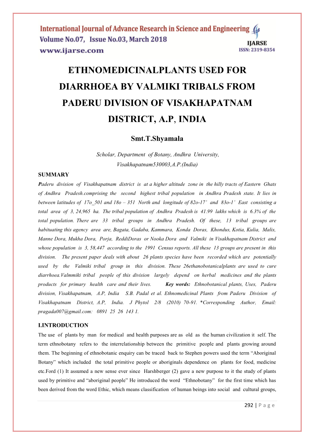 Ethnomedicinalplants Used for Diarrhoea by Valmiki Tribals from Paderu Division of Visakhapatnam District, A.P, India