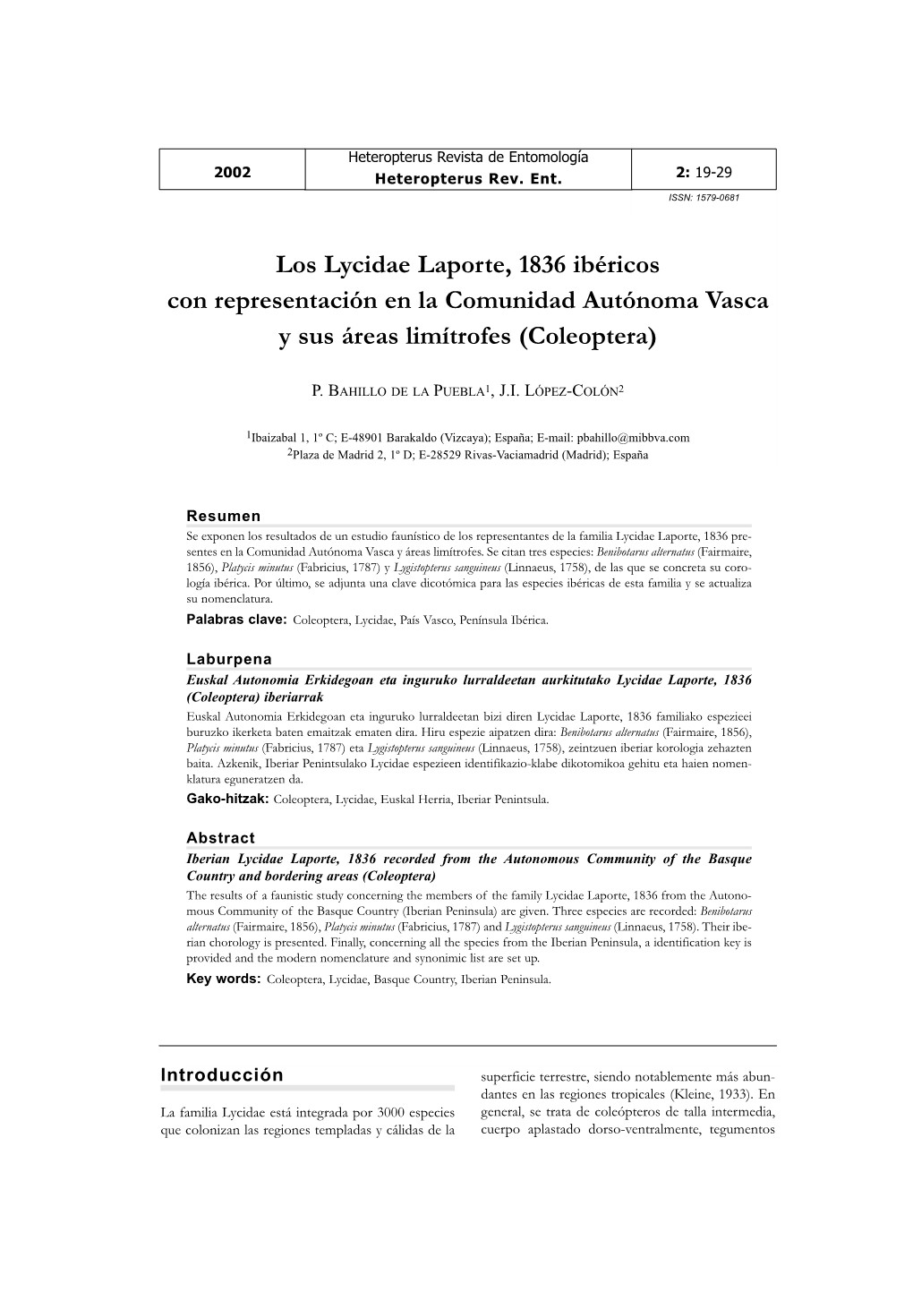 Los Lycidae Laporte, 1836 Ibéricos Con Representación En La Comunidad Autónoma Vasca Y Sus Áreas Limítrofes (Coleoptera)