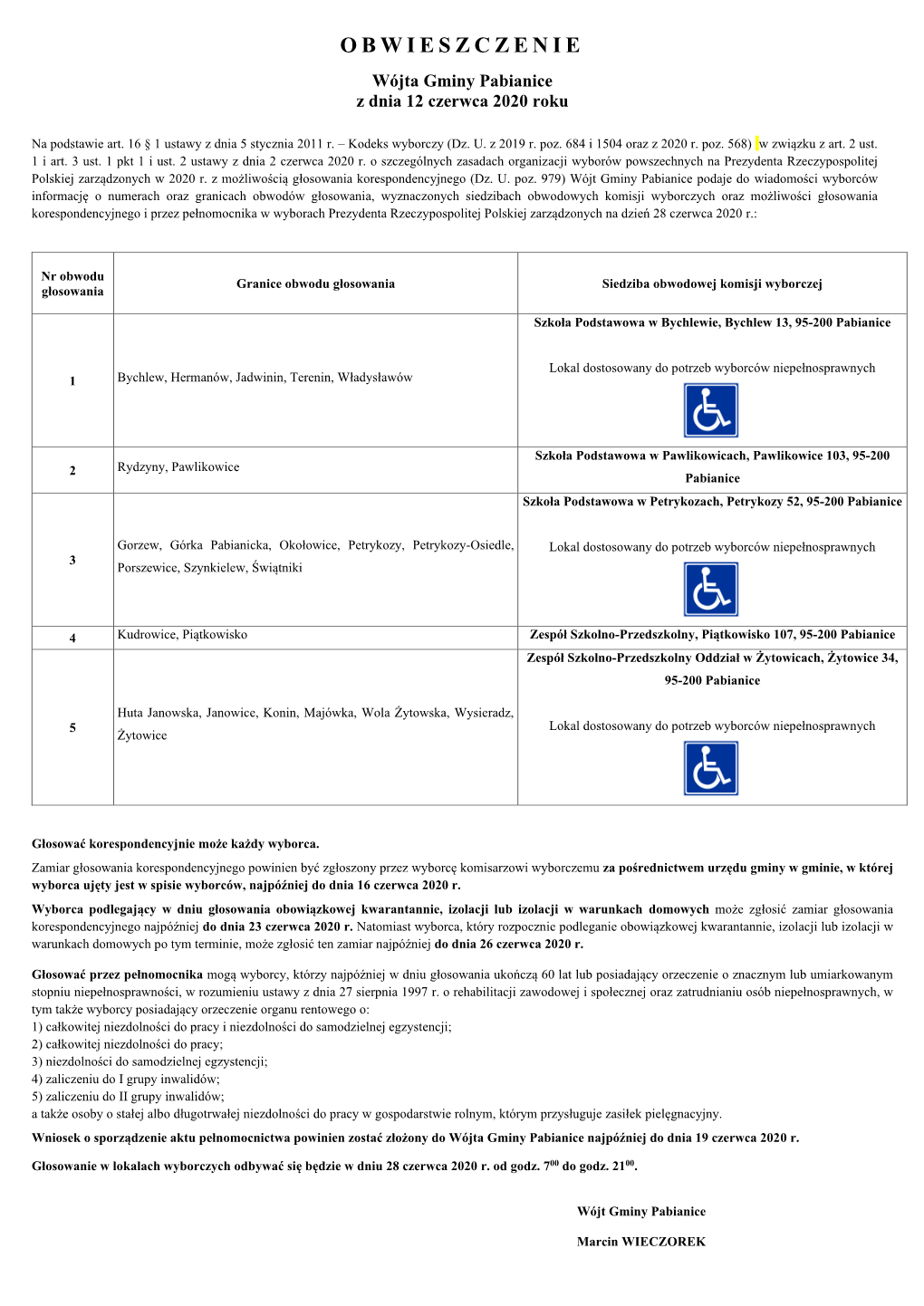 OBWIESZCZENIE Wójta Gminy Pabianice Z Dnia 12 Czerwca 2020 Roku