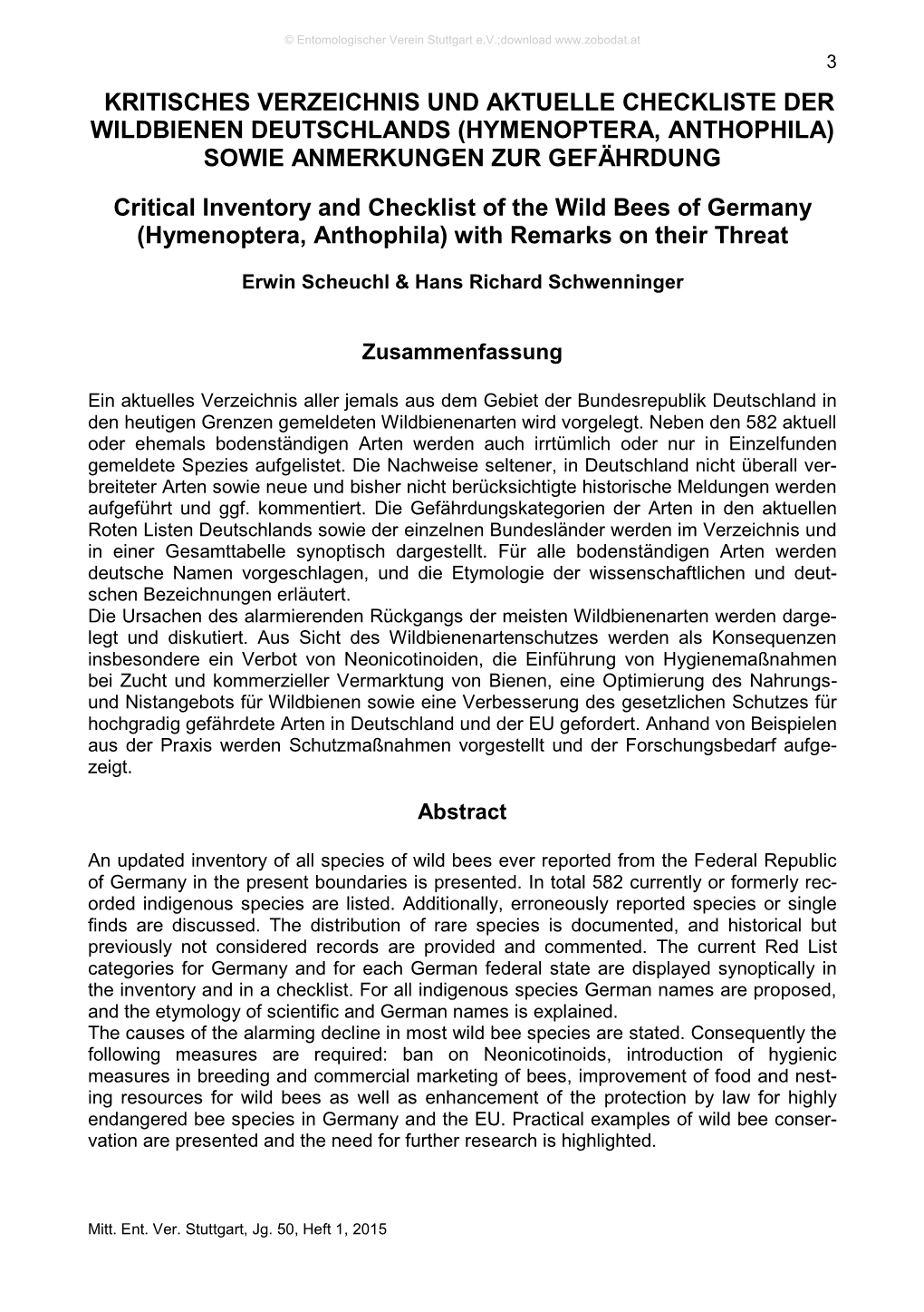 Kritisches Verzeichnis Und Aktuelle Checkliste Der Wildbienen Deutschlands (Hymenoptera, Anthophila) Sowie Anmerkungen Zur Gefährdung