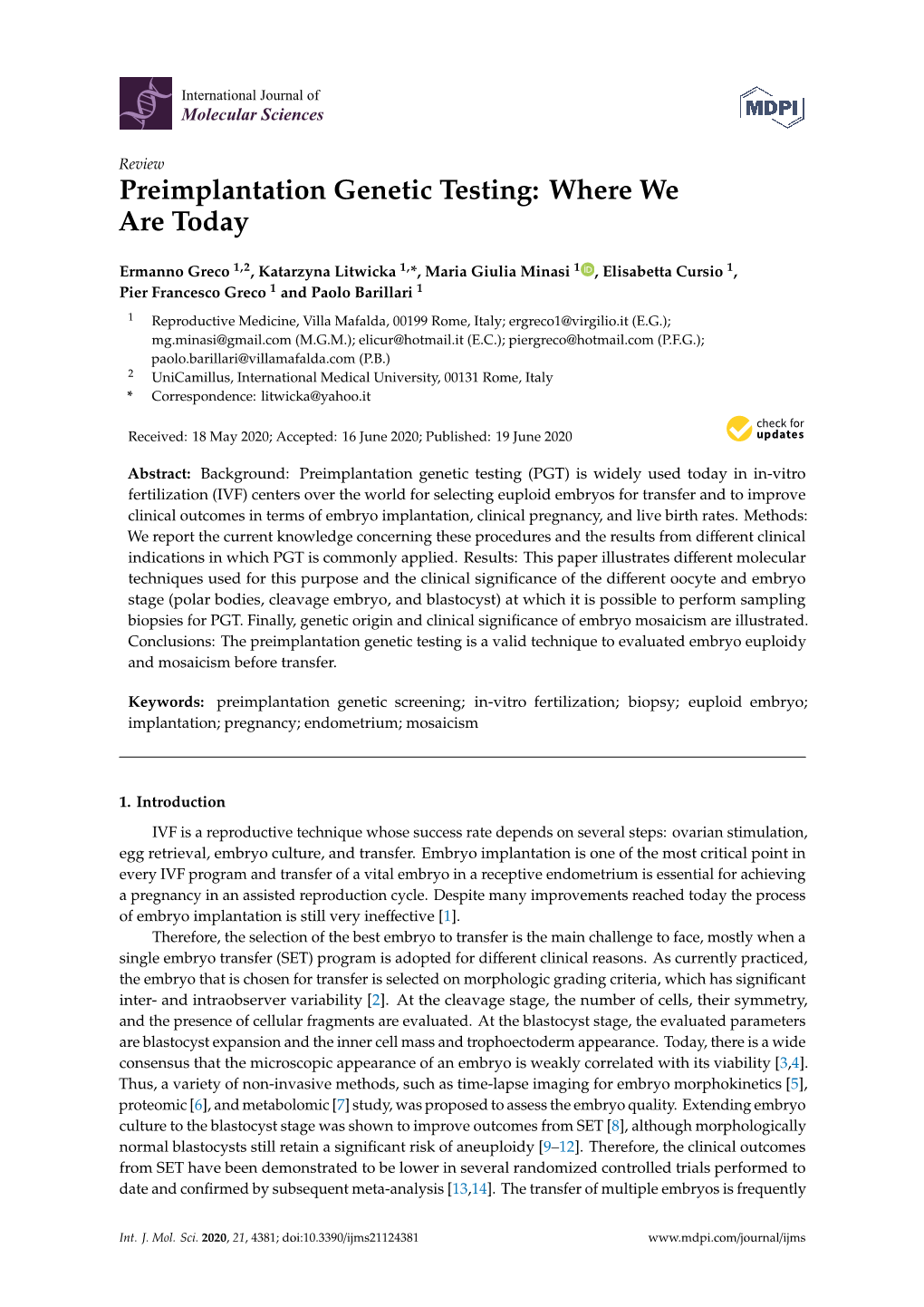 Preimplantation Genetic Testing: Where We Are Today