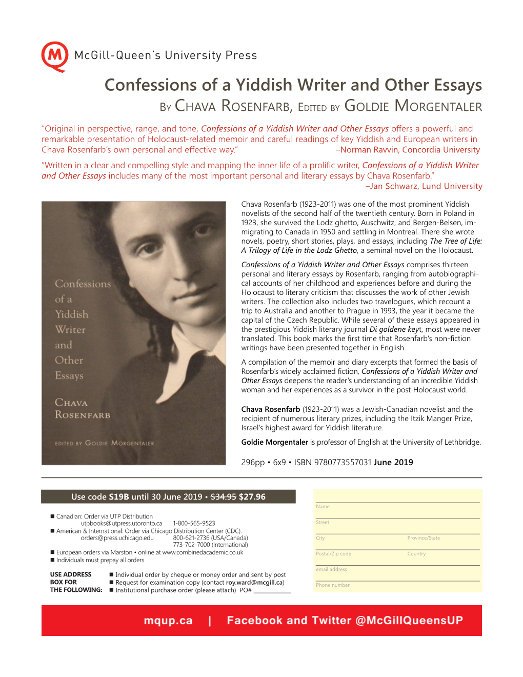 Confessions of a Yiddish Writer and Other Essays by Chava Rosenfarb, Edited by Goldie Morgentaler