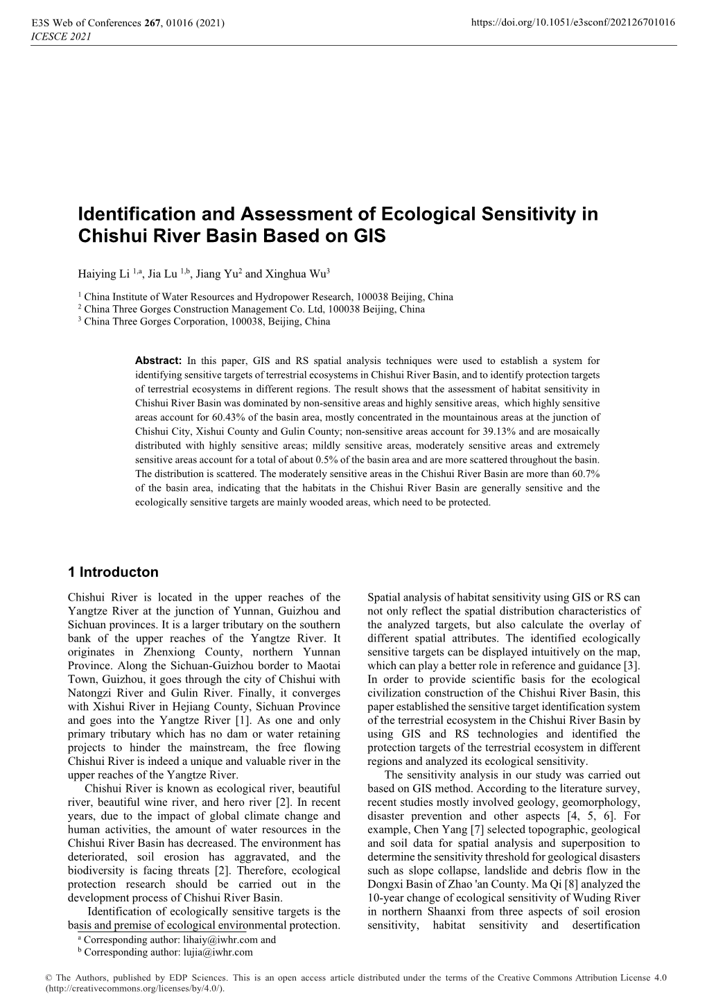 Identification and Assessment of Ecological Sensitivity in Chishui River Basin Based on GIS