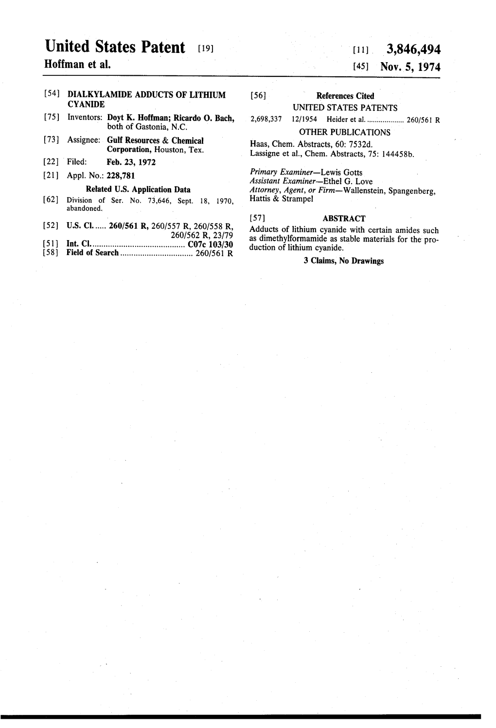 United States Patent (19) [11] 3,846,494 Hoffman Et Al
