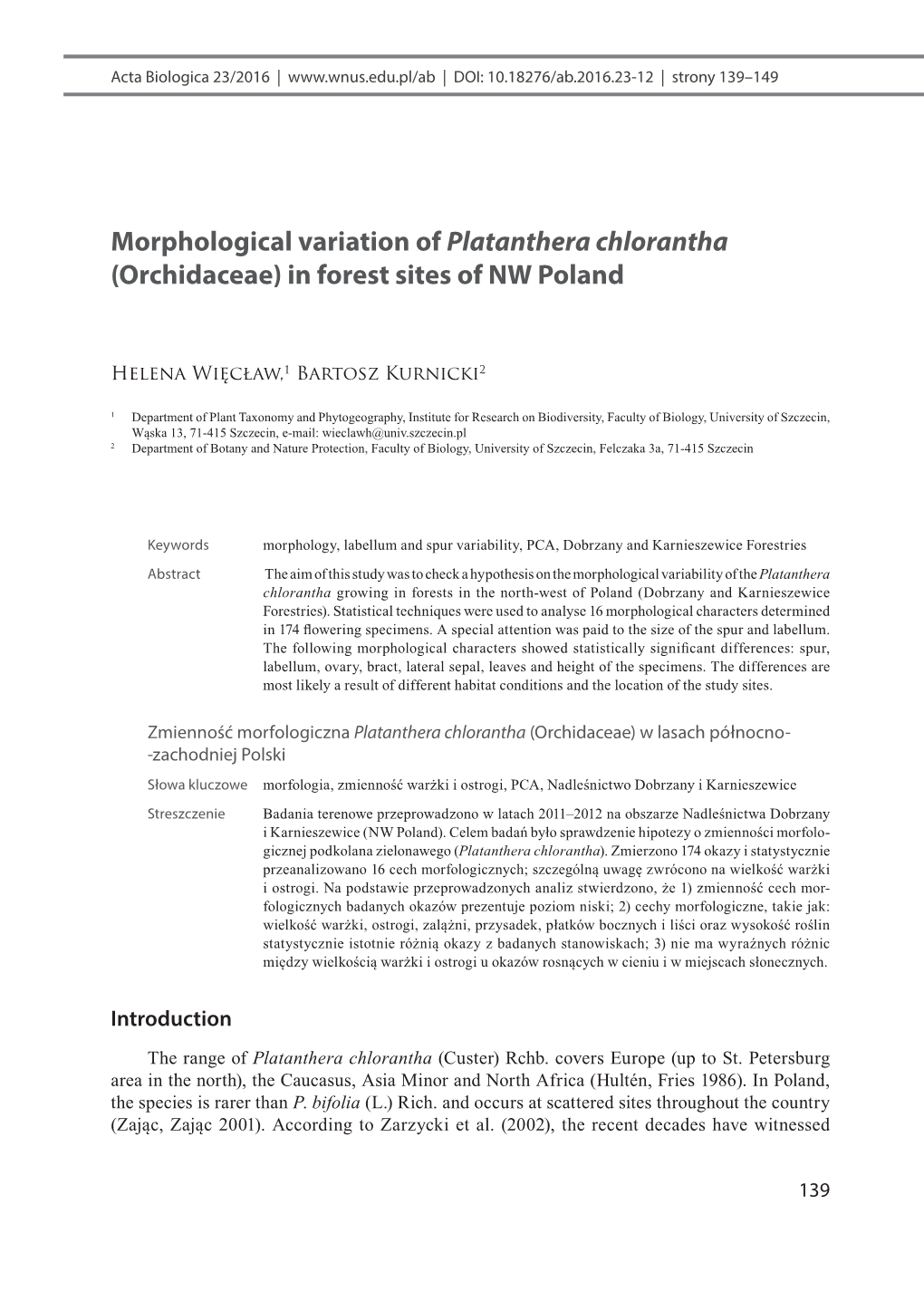 Morphological Variation of Platanthera Chlorantha (Orchidaceae) in Forest Sites of NW Poland