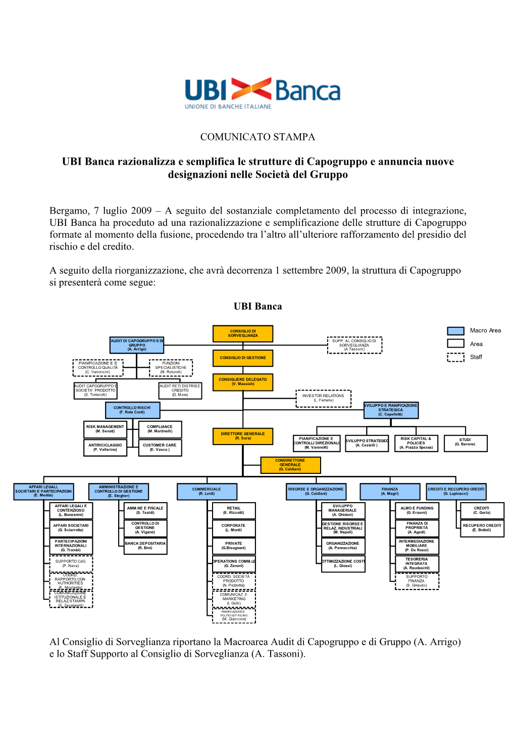 UBI Banca Razionalizza E Semplifica Le Strutture Di Capogruppo E Annuncia Nuove Designazioni Nelle Società Del Gruppo