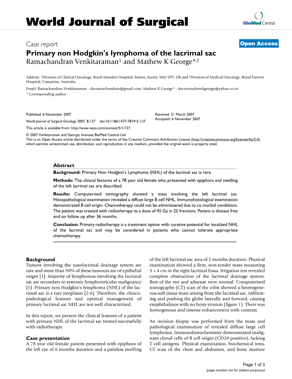 Primary Non Hodgkin's Lymphoma of the Lacrimal Sac Ramachandran Venkitaraman1 and Mathew K George*2