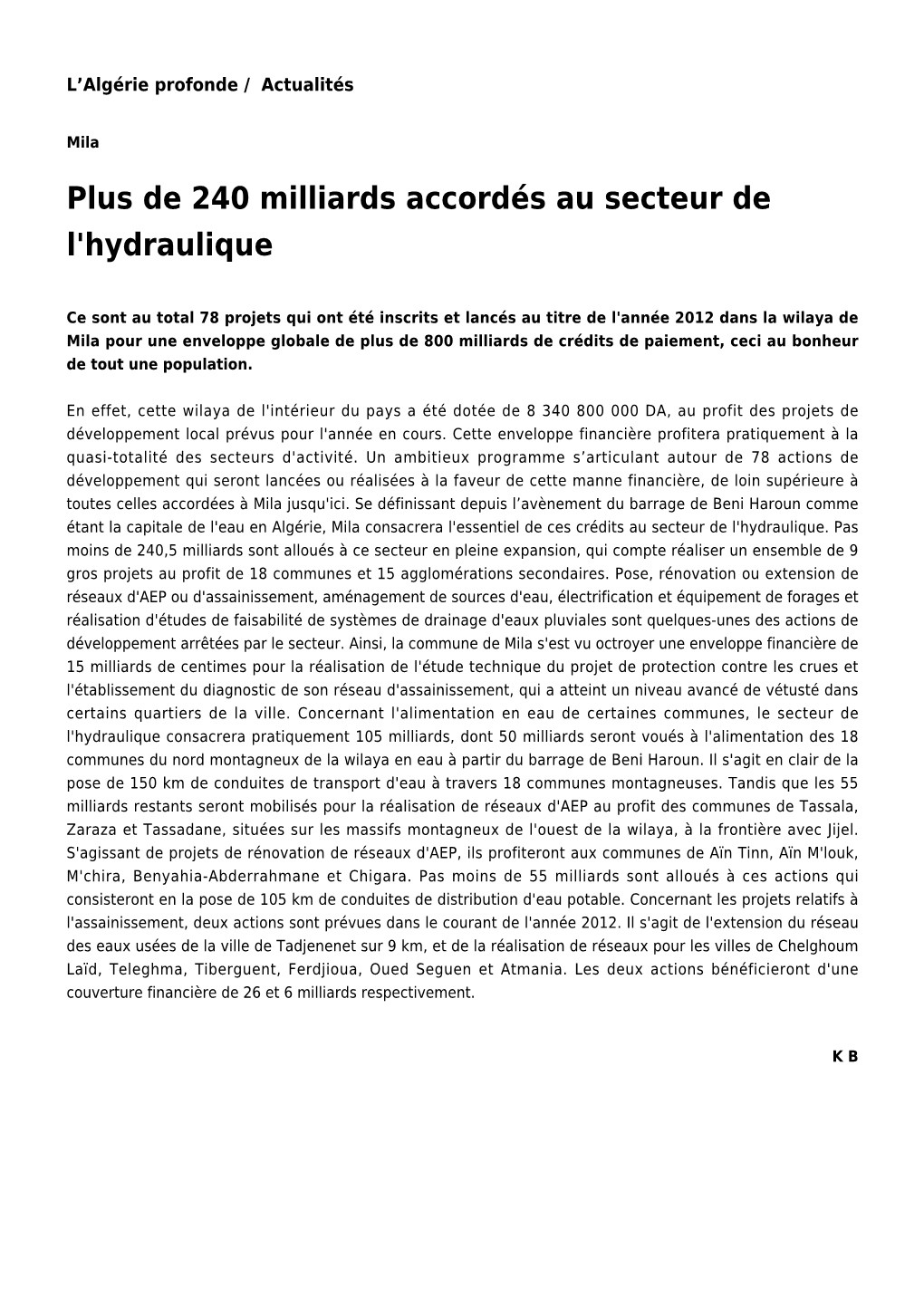 De 240 Milliards Accordés Au Secteur De L'hydraulique