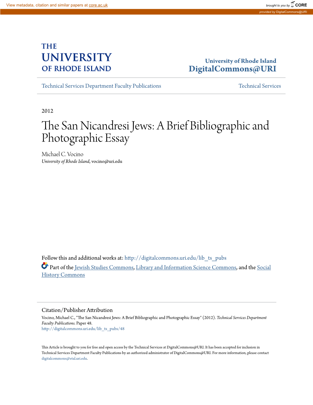 The San Nicandresi Jews: a Brief Bibliographic and Photographic Essay by Michael Vocino 15 March 2012