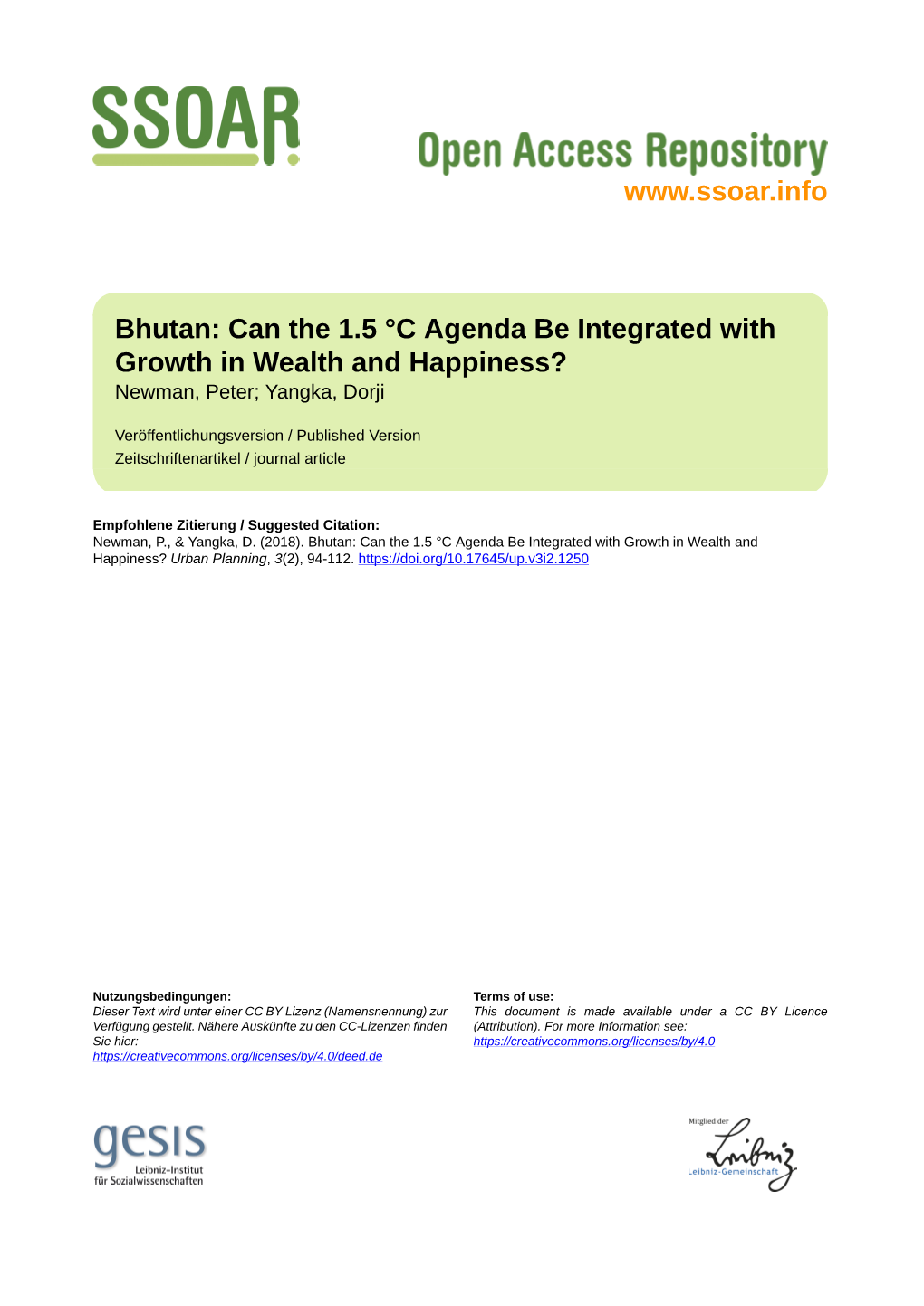 Bhutan: Can the 1.5 °C Agenda Be Integrated with Growth in Wealth and Happiness? Newman, Peter; Yangka, Dorji